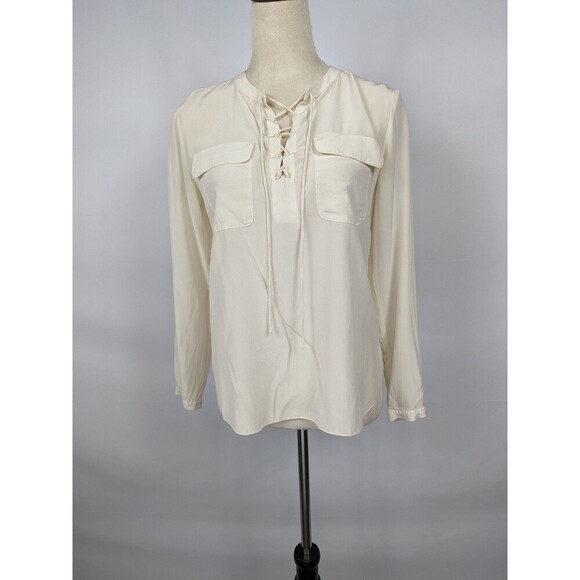 Magaschoni Silk Blouse Cream Ivory 2 Lace-up Neckline Pockets - Picture 1 of 7